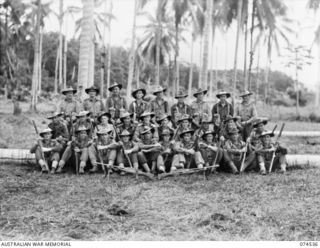 MADANG, NEW GUINEA. 1944-07-08. PERSONNEL OF C COMPANY, 24TH INFANTRY BATTALION. IDENTIFIED PERSONNEL ARE:- PRIVATE A.A. DESMET (1); PRIVATE R.C. MCDOUGALL (2); PRIVATE J.T. GALLIVAN (3); PRIVATE ..