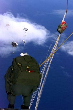 Rear view medium close up shot from the rear entrance of a USAF C-130 Hercules Cargo aircraft at US Marines from Company A, 5th Reconnaissance Battalion, 3rd Marines, as they've just jumped from the plane with their MC5 Static Line Square Parachutes and 100-pound All-purpose Light Weight Individual Carrying Equipment (ALICE) packs to the ground after performing a 6-thousand foot combat jump during the Force Reconnaissance Exercises at Andersen Air Force Base, Guam