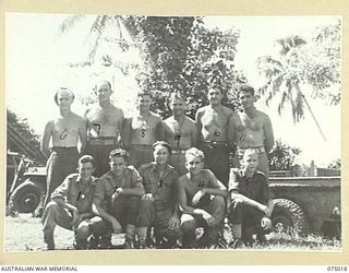 NAGADA, MADANG AREA, NEW GUINEA. 1944-08-02. PERSONNEL OF THE 2ND SUPPLY DEPOT PLATOON. IDENTIFIED PERSONNEL ARE:- VX139561 DRIVER L.W. GRANT (1); N453808 PRIVATE L.S. FOGG (2); WX31300 SERGEANT ..