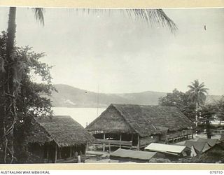 LANGEMAK BAY, NEW GUINEA. 1944-08-21. LOOKING ACROSS THE BAY SHOWING THE RAN STAFF OFFICE IN THE FOREGROUND