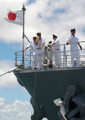 060726-N-4965F-002 (Jul. 26, 2006)Sailors from the Japanese Maritime Self Defense Force (JMSDF) Haruna Class Destroyer JDS HIEI (DD142) prepare to moor their ship as it returns to port at Naval Station (NS) Pearl Harbor, Hawaii (HI) at the conclusion of Exercise Rim of the Pacific IMPAC) 2006. The exercise is designed to increase the tactical proficiency of participating units in a wide array of combined sea operations. RIMPAC 2006 brings together military forces from Australia (AUS), Canada (CAN), Chile (CHL), Peru (PER), Japan (JPN), the Republic of Korea (KOR), United Kingdom (UK) and the United States (US).U.S. Navy photo by Mass Communication SPECIALIST First Class James E. Foehl...