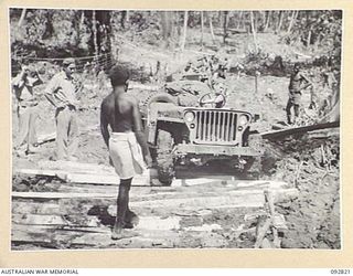 SORAKEN AREA, BOUGAINVILLE, 1945-06-07. AN AMMUNITION LADEN JEEP CARRYING SUPPLIES FROM 31/51 INFANTRY BATTALION TACTICAL HQ IN TROUBLE ON THE ROUGH CORDUROY TRACK. THERE ARE NUMEROUS JEEPS BEHIND ..