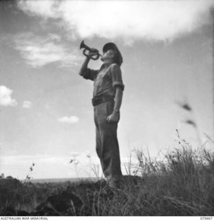 ORO BAY, NEW GUINEA. 1943-06. THE UNIT BUGLER, PRIVATE A.J. SPOKES, OF THE 10TH FIELD AMBULANCE, AUSTRALIAN ARMY MEDICAL CORPS PLAYING A CAPTURED JAPANESE BUGLE