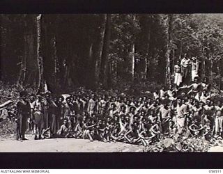 REINHOLD HIGHWAY, NEW GUINEA, 1943-08-31. AUSTRALIAN AND NEW GUINEA ADMINISTRATION UNIT CARRIER LINE AT DEAD CHINAMAN'S CAMP. OFFICER ON THE LEFT IS NX3046 CAPTAIN L. J. TINKER, AUSTRALIAN ARMY ..