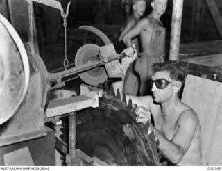 VIVIGANI, GOODENOUGH ISLAND, PAPUA NEW GUINEA. 1943-09-23. 52446 LEADING AIRCRAFTMAN W. G. PARNABY OF SOUTH YARRA, VIC, SHARPENING A CIRCULAR SAW AT A SAWMILL OPERATED BY NO. 7 MOBILE WORKS ..