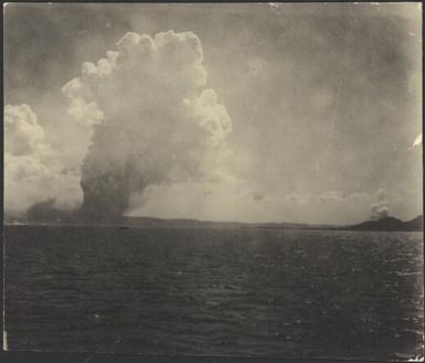 Plumes of smoke from Vulcan Island  five days after the eruption, Rabaul Harbour, New Guinea, 1937 / Sarah Chinnery