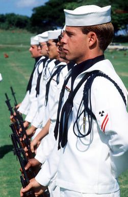 An honor guard with M14 rifles stands at parade rest during the funeral of Lieutenant Junior Grade (LTJG) Richard C. Sather at the National Memorial Cemetery of the Pacific. He was one of the first American pilots to die in North Vietnam in 1964. His remains were among 26 bodies of servicemen returned to the United States in August 1985 for burial