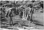 Splitting of bark to make the container to carry the finished taro and coconut pudding for presentation, and the making of the container