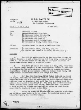 USS SANTA FE - Rep of Ops in Support of Occup of Saipan Is, Marianas, 6/6-27/44