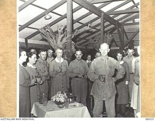 PORT MORESBY, NEW GUINEA. 1943-11-06. AT THE FAREWELL DINNER HELD AT HEADQUARTERS, NEW GUINEA FORCE, GIVEN TO NX363 LIEUTENANT GENERAL SIR IVEN MACKAY KBE CMG DSO VD, TO CELEBRATE HIS APPOINTMENT ..