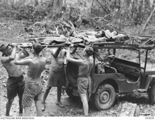 REINHOLD HIGHWAY, NEW GUINEA. 1943-07-08. PATIENTS BEING OFF LOADED FROM A JEEP CONVERTED INTO AN AMBULANCE AT THE 46TH AUSTRALIAN CAMP HOSPITAL. LEFT TO RIGHT: QX35019 LANCE CORPORAL L. W. THOMAS; ..