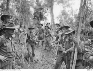 WEWAK AREA, NEW GUINEA. 1945-06-27. TROOPS OF 2/8 INFANTRY BATTALION, ABOUT 100 YARDS FROM THE FOOT OF MOUNT SHIBURANGU READY FOR THE DRIVE UP THE SLOPE TO ATTACK JAPANESE FORCES. THEY ARE BEING ..