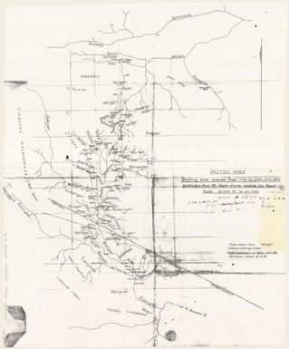 Sketch map showing area covered from 17th July to 27th July 1933 southward from Mt. Hagen drome towards the Papuan border (J.R. Black Map Collection / Item 145)