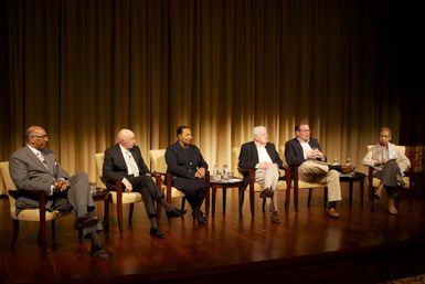 A Path to Equality: The Impact of the Civil Rights Acts of the 1960s; from left to right: Michael Steele, former Chairman of the Republican National Committee and Lieutenant Governor of Maryland; Jim Jones, former Chief of Staff to President Johnson, Congressman, and Ambassador to Mexico; Carol Moseley Braun, former Senator and Ambassador to New Zealand and Samoa; Charles Ferris, former Chairman of the FCC; moderator Todd Purdum, writer at Politico; and Eleanor Holmes Norton, Congresswoman for the District of Columbia