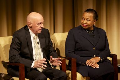 A Path to Equality: The Impact of the Civil Rights Acts of the 1960s; Jim Jones (left), former Chief of Staff to President Johnson, Congressman, and Ambassador to Mexico, with Carol Moseley Braun (right), former Senator and Ambassador to New Zealand and Samoa