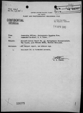 VD-5 - ACA rep #43 - Photo-reconnaissance of Yap Is & weather reconnaissance of Western Carolines on 3/17/45