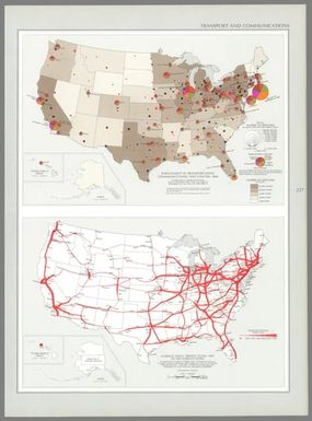 Employment in transportation, communications, and utilities : 1960 / compiled from U. S. Bureau of the Census, Census of population: 1960, PC(1)-1C through 53C, Washington, U. S. Govt. Print Off., 1962, table 75 -- Average daily traffic flow, on the interstate system : 1967 / compiled from U. S. Bureau of Public Roads, "The National system of interstate and defense highways; 1967 average daily traffic on rural mileage of the travelled-way ... Dec. 1967," Travelled way traffic map: 1967, Washington, U. S. Govt. Print Off., map approx. 1:10,000,000.