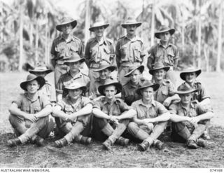 SIAR, NEW GUINEA. 1944-06-22. PERSONNEL OF COMPANY HEADQUARTERS, B COMPANY, 57/60TH INFANTRY BATTALION. IDENTIFIED PERSONNEL ARE:- VX111926 STAFF SERGEANT J.T. CARR (1); VX81074 CAPTAIN N.S. ..