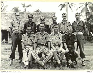 LAE, NEW GUINEA. 1944-04-03. Q BRANCH STAFF AT HEADQUARTERS LAE BASE SUB-AREA. IDENTIFIED PERSONNEL ARE:- QX49000 STAFF-SERGEANT D.M. KING (1); NX190027 SERGEANT M.A. AMOURIN (2); QX21458 SERGEANT ..