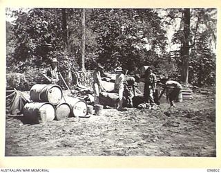 RABAUL, NEW BRITAIN. 1945-09-15. CAPTAIN L.H. MACAULAY, HQ 11 DIVISION, AND STAFF WORKING ON SITE OF THE NEW CAMP IN THE FORMER GOVERNMENT HOUSE AREA. JAPANESE TROOPS WERE USED TO PREPARE CAMP ..