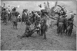 Pig festival, pig sacrifice, Tsembaga: decorated men on dance ground, some display wealth items for exchange