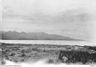 MILNE BAY, NEW GUINEA. 1943-01. A 3.7MM ANTI AIRCRAFT GUN EMPLACEMENT AT THE EASTERN END OF TURNBULL FIELD . THIS STRIP WAS NAMED AFTER SQUADRON LEADER PETER TURNBULL, DFC, COMMANDING OFFICER, NO. ..