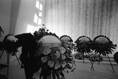 Wreaths to be presented during the ceremony commemorating the 40th anniversary of the Japanese attack on Pearl Harbor are lined up in the shrine room of the USS ARIZONA Memorial