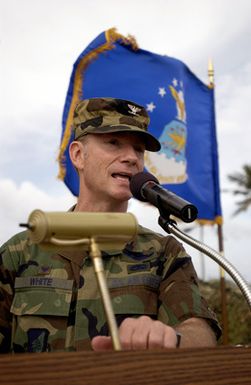 U.S. Air Force 36th Air Expeditionary Wing Commander COL. P.K White, speaks during Warrior Day Challenge at Arch Light Memorial Park, Andersen Air Force Base, Guam, on Jan. 14, 2005.(U.S. Air Force PHOTO by STAFF SGT. Bennie J. Davis, III) (RELEASED)