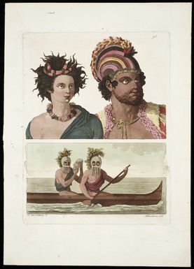 [Webber, John], 1751-1793 :[Man and woman of the Sandwich Islands; and, A canoe of Hawaii, the rowers masked. 1779. Plate no.] 93. C Bottig[e]lla f[ceci]t. A Biasioli inc A.T. [1810-1830?]