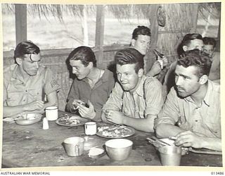1942-11-06. MEMBER OF THE CREWS OF FLYING FORTRESS AIRCRAFT PHOTOGRAPHED ON THEIR RETURN FROM A SUCCESSFUL ATTACK ON RABAUL. LEFT TO RIGHT THEY ARE - SGT. G.M. BIEHN (OREGON) CPL. R.F. BOUDRIN ..