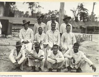 JACQUINOT BAY, NEW BRITAIN. 1945-01-26. SOME OF THE INDIAN ARMY PERSONNEL WHO WERE PRISONERS OF WAR IN JAPANESE HANDS AND WERE RESCUED FROM THE KEITA AREA BY MEMBERS OF THE ALLIED INTELLIGENCE ..