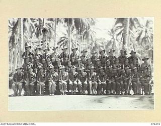 MADANG, NEW GUINEA. 1944-07-02. WARRANT OFFICERS AND SERGEANTS OF THE 24TH INFANTRY BATTALION. IDENTIFIED PERSONNEL ARE:- SERGEANT A. GRANT (1); SERGEANT I.C. LECKIE (2); VX141990 STAFF SERGEANT J. ..