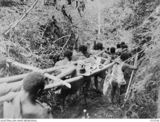 1943-09-20. NEW GUINEA. SALAMUA AREA. DOWN STEEP BUOISI RIDGE, FUZZY-WUZZIES CARRY A WOUNDED AUSTRALIAN SOLDIER. PRACTICALLY THE WHOLE OF THE TRACK IS SLIPPERY RED MUD. IT TAKES SIX HOURS TO CLIMB ..