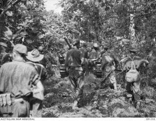 BOUGAINVILLE. 1945-04-26. THE REAR VIEW OF A 2/4 ARMOURED REGIMENT MATILDA TANK SUPPORTED BY 24 INFANTRY BATTALION TROOPS ADVANCING SOUTH ALONG THE BUIN ROAD, TO RELIEVE A TRACTOR TRAIN AMBUSHED BY ..