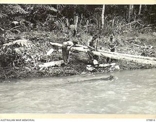 DANMAP RIVER, NEW GUINEA. 1945-01-26. PERSONNEL OF THE 2/10TH COMMANDO SQUADRON WORKING ON THE CONSTRUCTION OF A SMALL WOODEN BRIDGE ACROSS A SWIFTLY FLOWING STREAM NEAR THEIR CAMP. IDENTIFIED ..