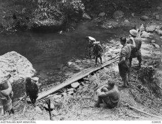 PAPUA, NEW GUINEA. 1942-10. NATIVE CARRIERS CROSSING GOLDIE RIVER ON WAY TO NAURO RIDGE. MANY JAPANESE WERE KILLED IN THIS GORGE