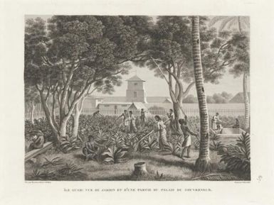 Ile Guam, vue du jardin et d'une partie du palais du gouverneur / dess. par Marchais d'apres A. Pellion, grave par Schroeder