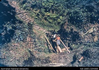 Wooden stairs with two people walking down