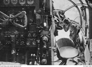 MILNE BAY, PAPUA, 1943-05. VIEW OF THE CONTROLS INSIDE THE COCKPIT OF BRISTOL BEAUFORT BOMBER NO. A9-193, WHICH BELONGED TO NO. 100 SQUADRON RAAF. THE AIRCRAFT, BASED AT GURNEY AIRFIELD, WAS FLOWN ..