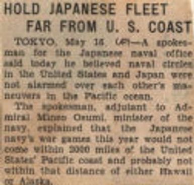 Hold Japanese Fleet Far From US Coast. Northwest History. Box 11. Japan Int-New. Naval Affairs.