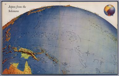 Japan From The Solomons. (drawn by) Richard Edes Harrison 1943. Copyright 1943. Time Inc. (to accompany) Look At The World: The Fortune Atlas For world Strategy. By Richard Edes Harrison. Text by Editor of Fortune. New York: Alfred A. Knopf 1944. (on verso) Copyright 1944 by Time Incorporated.