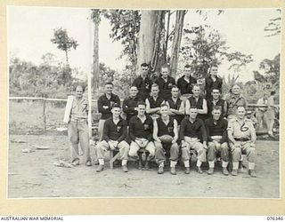 LAE, NEW GUINEA. 1944-10-01. MEMBERS OF THE RUGBY FOOTBALL TEAM OF THE 22ND WORKS COMPANY. IDENTIFIED PERSONNEL ARE:- N436880 PRIVATE G.L. PARKINS (1); N238032 PRIVATE L.C. HOLLIDAY (2); N81094 ..