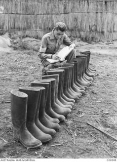 VIVIGANI, GOODENOUGH ISLAND, PAPUA. C. 1943-12-21. RUBBER KNEE HIGH BOOTS ARE ESSENTIAL IN JUNGLE RAINS. FLIGHT SERGEANT N. MCCARTHY OF A RAAF UNIT CHECKS THE BOOTS WHICH ARE LINED UP