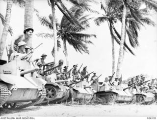 NEW GUINEA, 1942-08. CARRIER CREWS OF THE 39TH INFANTRY BATTALION, AUSTRALIAN MILITARY FORCES, IN HIGH SPIRITS, PHOTOGRAPHED IN A COCONUT GROVE IN NEW GUINEA