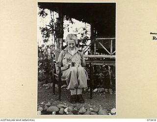 LAE, NEW GUINEA. 1944-05-24. VFX47779 MATRON E.F. JOHN, RRC, NURSING TWO HOSPITAL PETS AT THE 2/7TH GENERAL HOSPITAL