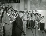 Secretary of the Interior Douglas McKay gives a speech during the KSLM Christmas broadcast in Honolulu