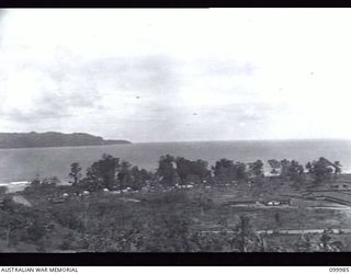 RABAUL, NEW BRITAIN, 1946-04-13. A PANORAMIC VIEW OF SENIOR OFFICERS' LIVING QUARTERS, HQ 8 MILITARY DISTRICT. WOTAM ISLAND IS IN BACKGROUND