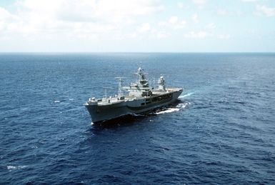 A port bow view of the amphibious command ship USS BLUE RIDGE (LCC-191) underway in the Mariana Islands near Guam during exercise Tempo Brave '94. The BLUE RIDGE is the Seventh Fleet flagship and is forward deployed to Yokosuka, Japan