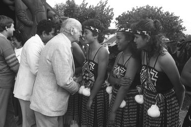 Jim Knox being welcomed. Pacific Trades Union Conference, Ōrākei Marae