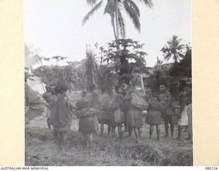 DUGUMUR, NEW GUINEA. 1944-07. NATIVES BRINGING IN FRUIT CARRIED IN "BILUM" STRING BAGS. THE FRUIT IS EXCHANGED FOR BULLY BEEF AT THE DUGUMUR CAMP OF THE 4TH INFANTRY BATTALION